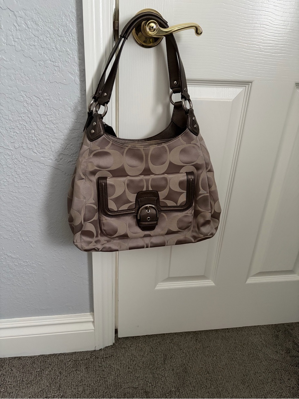 Coach Shoulder Bag in Taupe and Dark Brown Signature Canvas